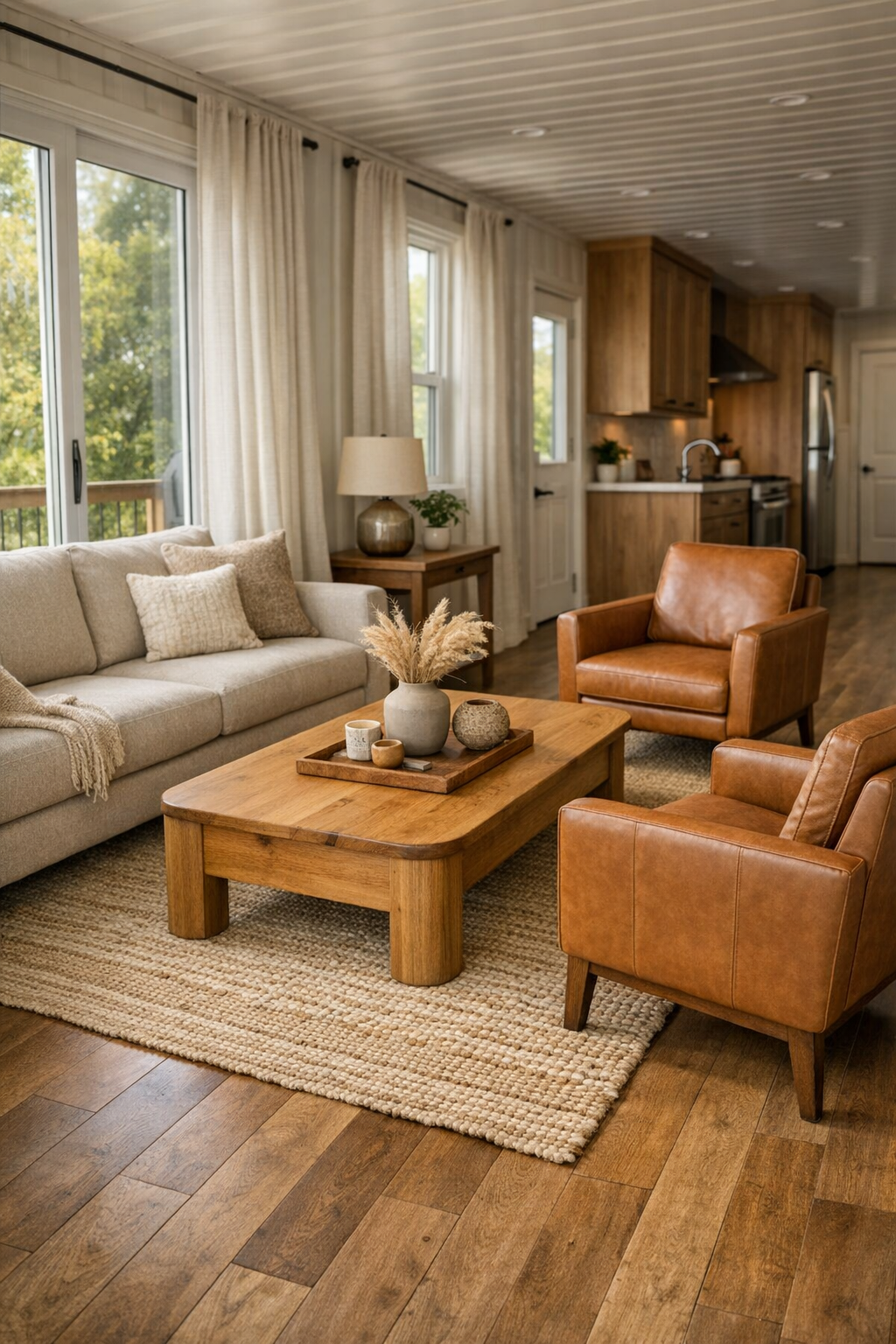 Warm accessible living room with oatmeal sofa, caramel chairs, and natural wood accents