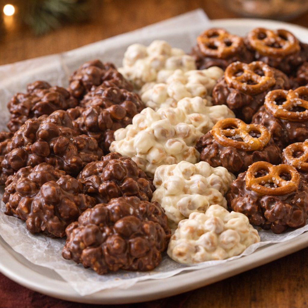 Assorted chocolate nut clusters on a holiday tray