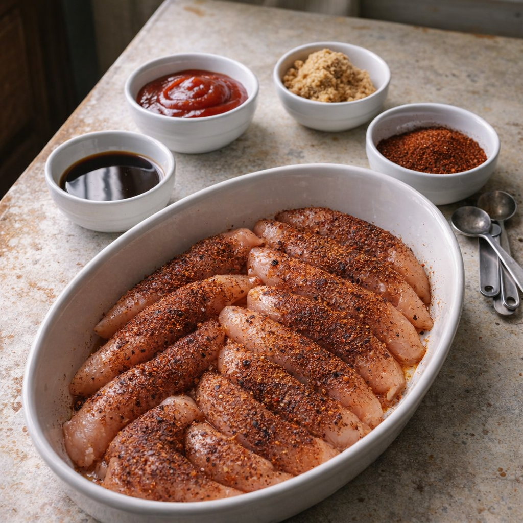 Chicken and pantry ingredients arranged on a farmhouse counter