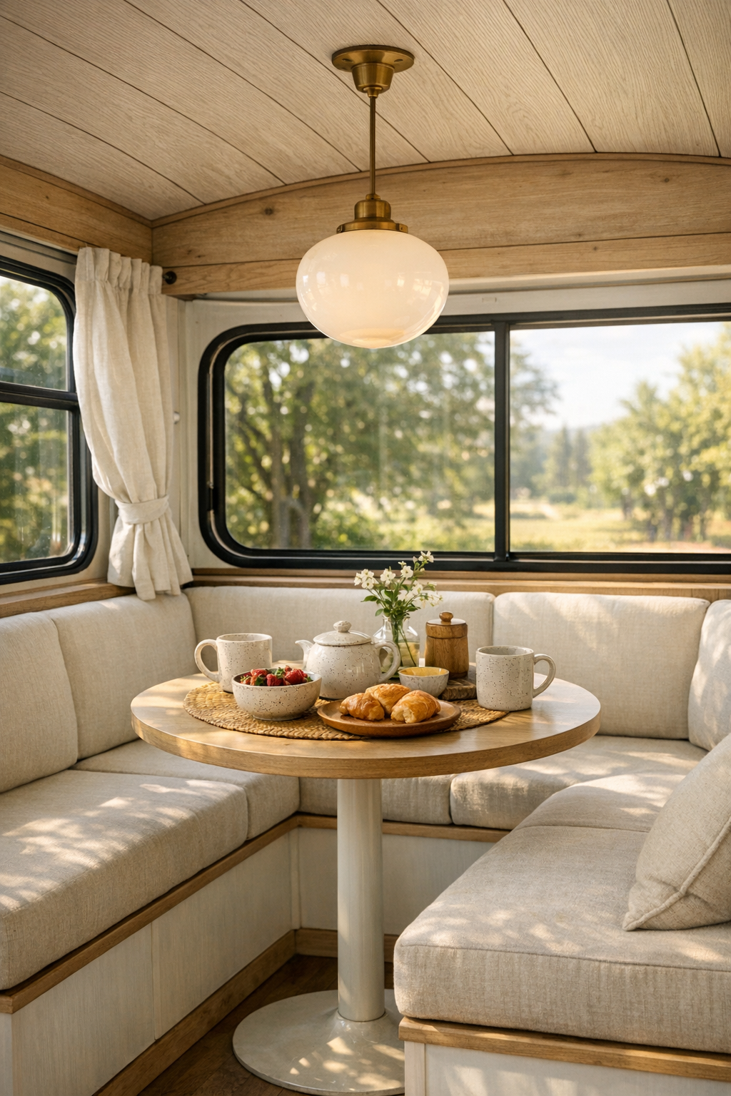 Bright dining nook with banquette seating and a slim pedestal table inside the bus
