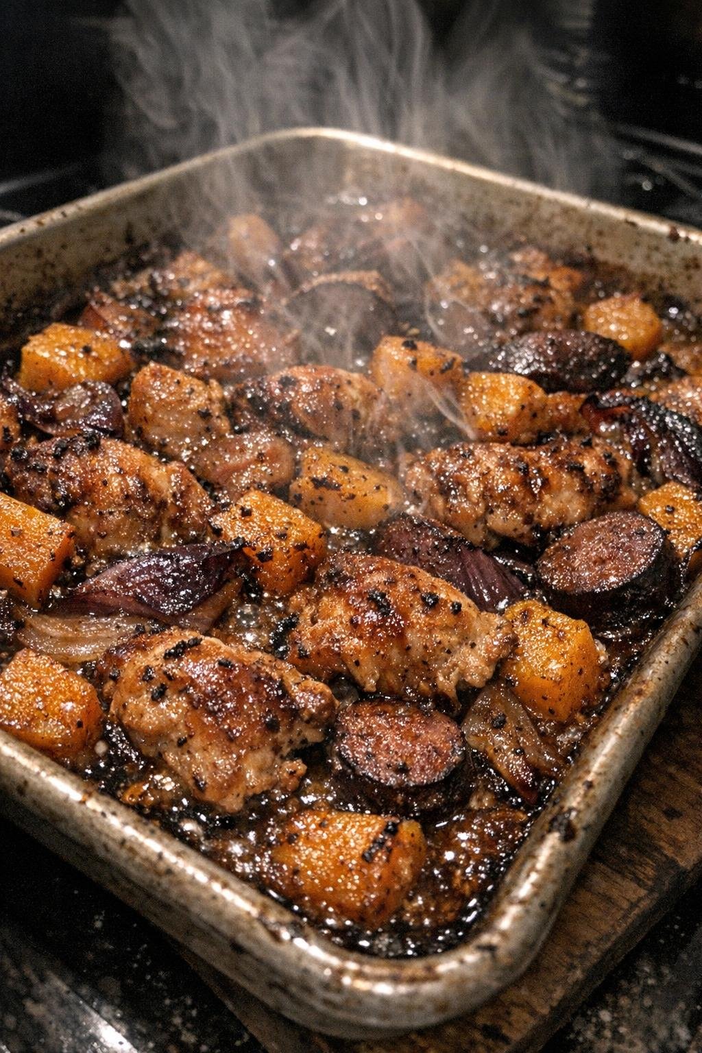 Bubbling caramelized baked dish in a metal sheet pan