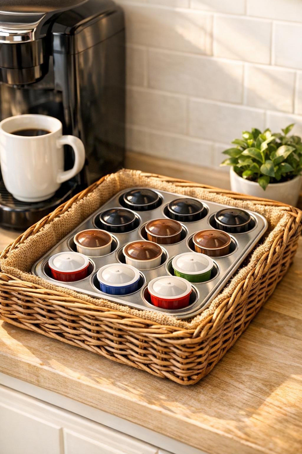 Finished wicker basket coffee pod drawer with muffin tin insert