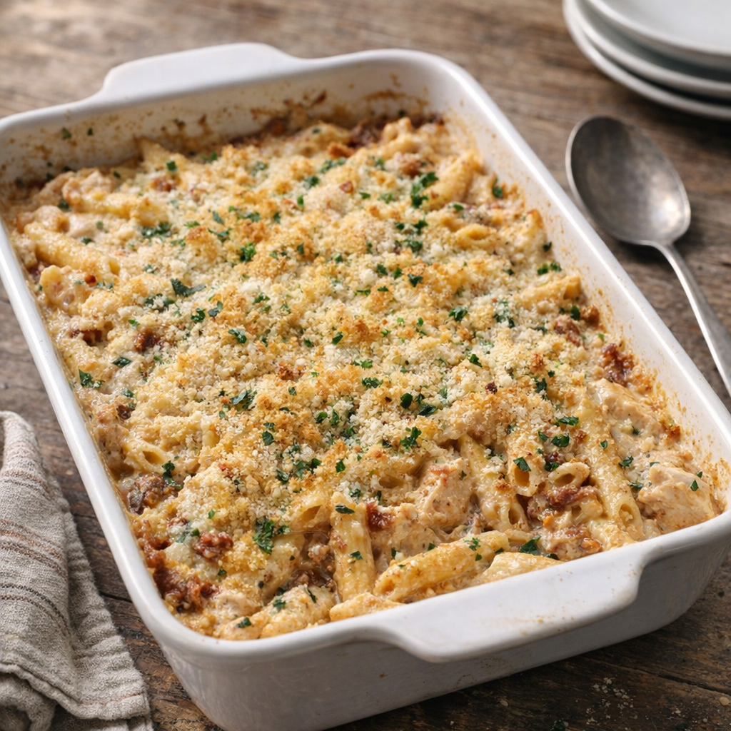 Zeltaini cepta vistas pasta baltā sautējuma traukā uz lauku mājas galda