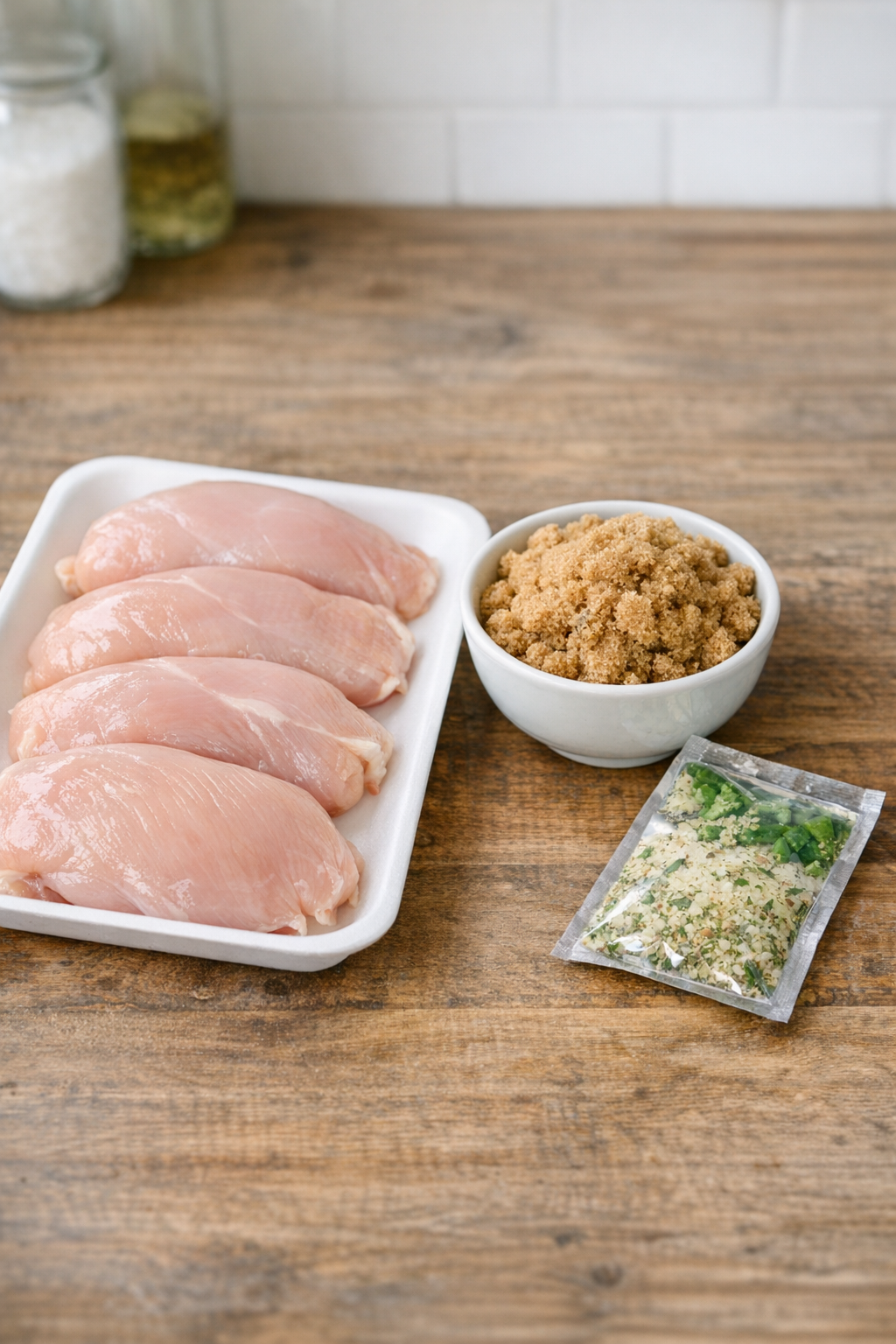 Chicken breasts, brown sugar, and Italian dressing mix on a kitchen counter