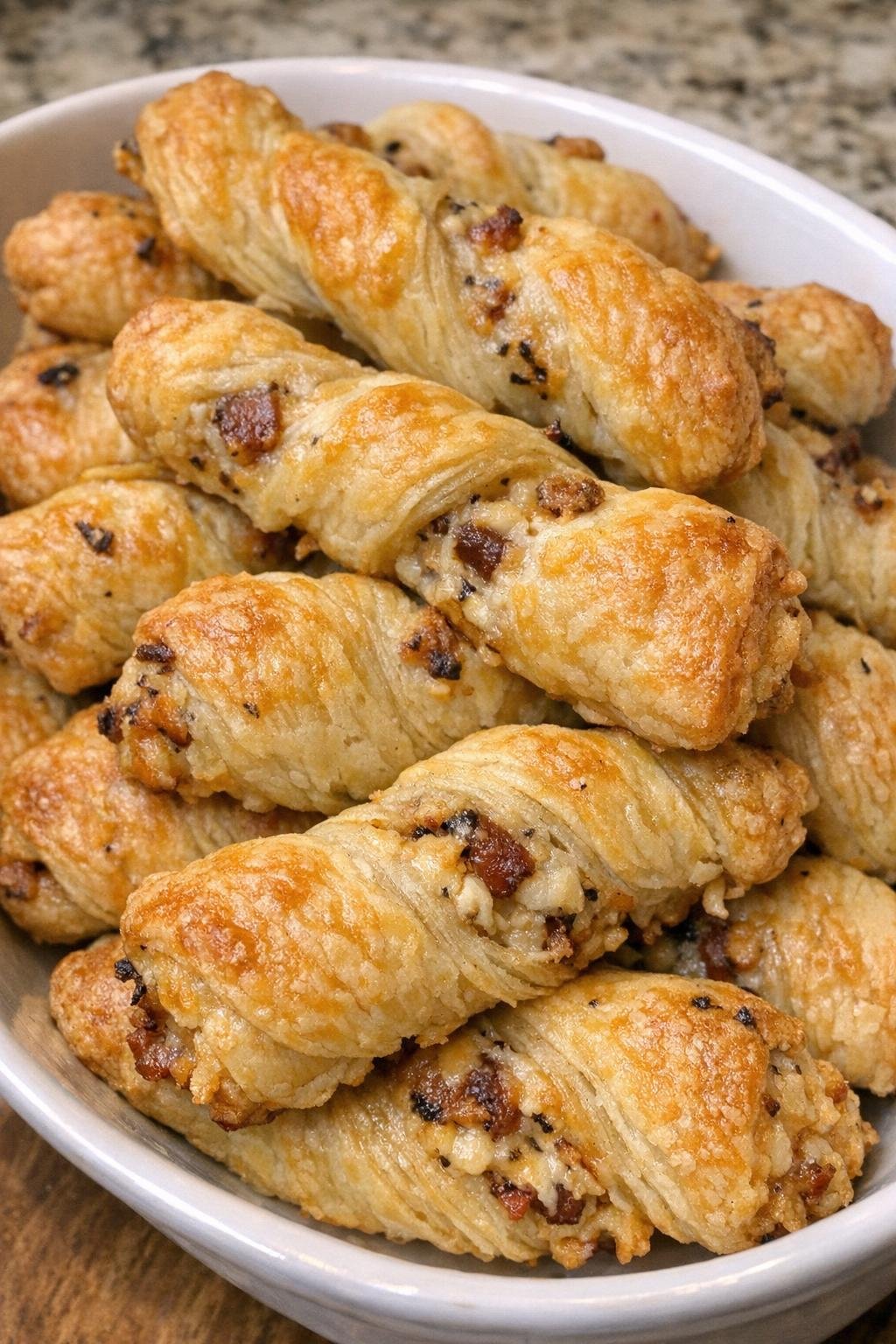 Golden flaky pastry twists with savory filling in a serving dish