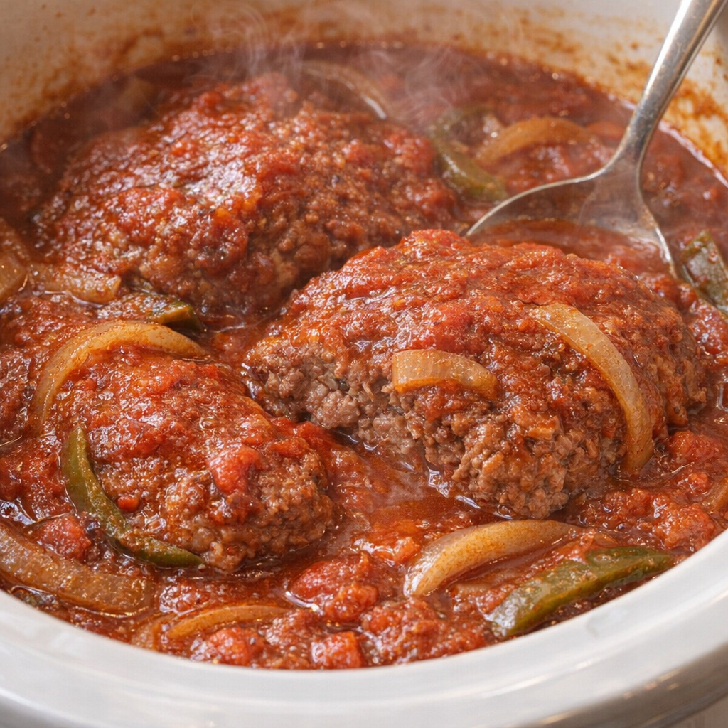 Finished swiss steak in slow cooker with rich tomato gravy