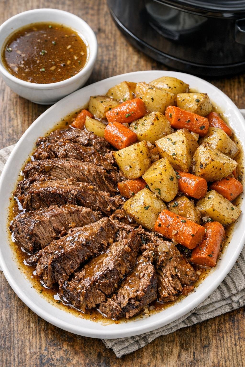 Finished slow cooker chuck roast dinner on a platter with potatoes and carrots