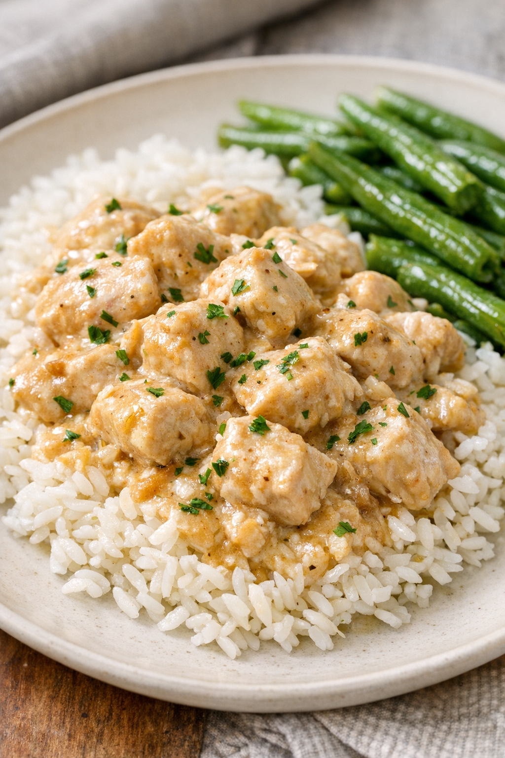 Plated slow cooker chicken with rice and vegetables