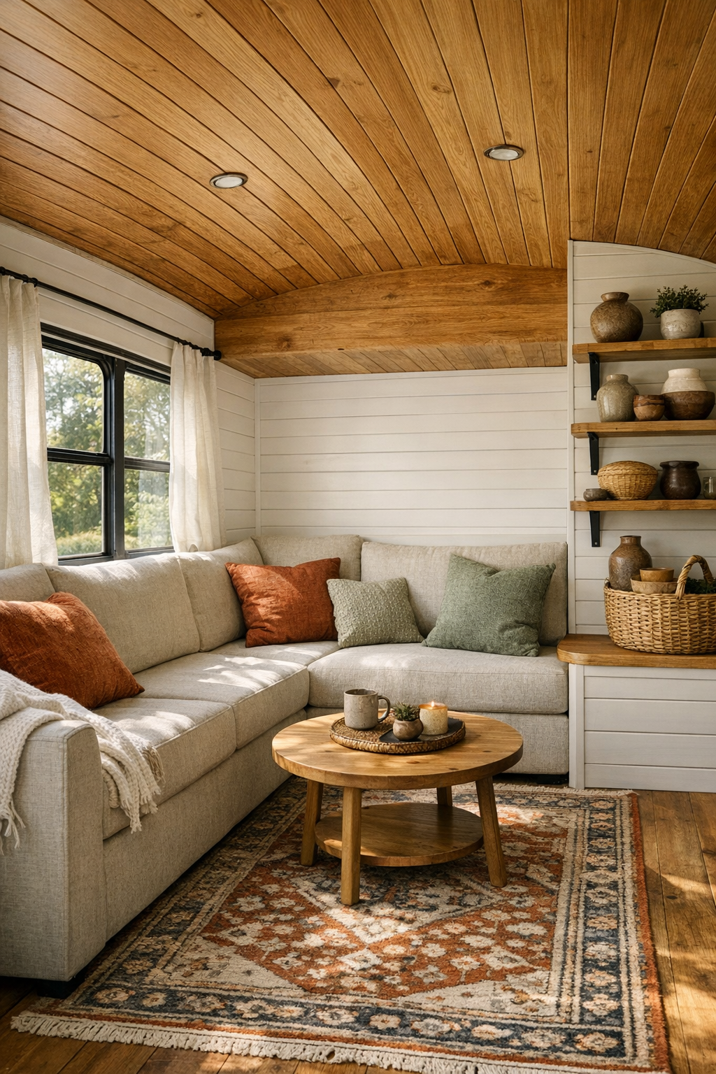 Cozy converted bus living room with built-in linen bench sofa and warm wood ceiling