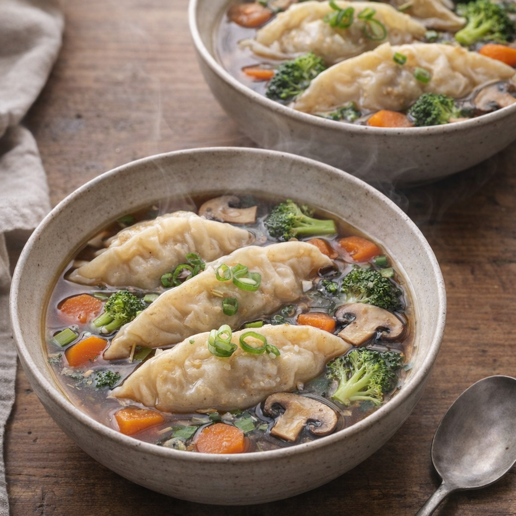 Slow cooker potstickers served in broth