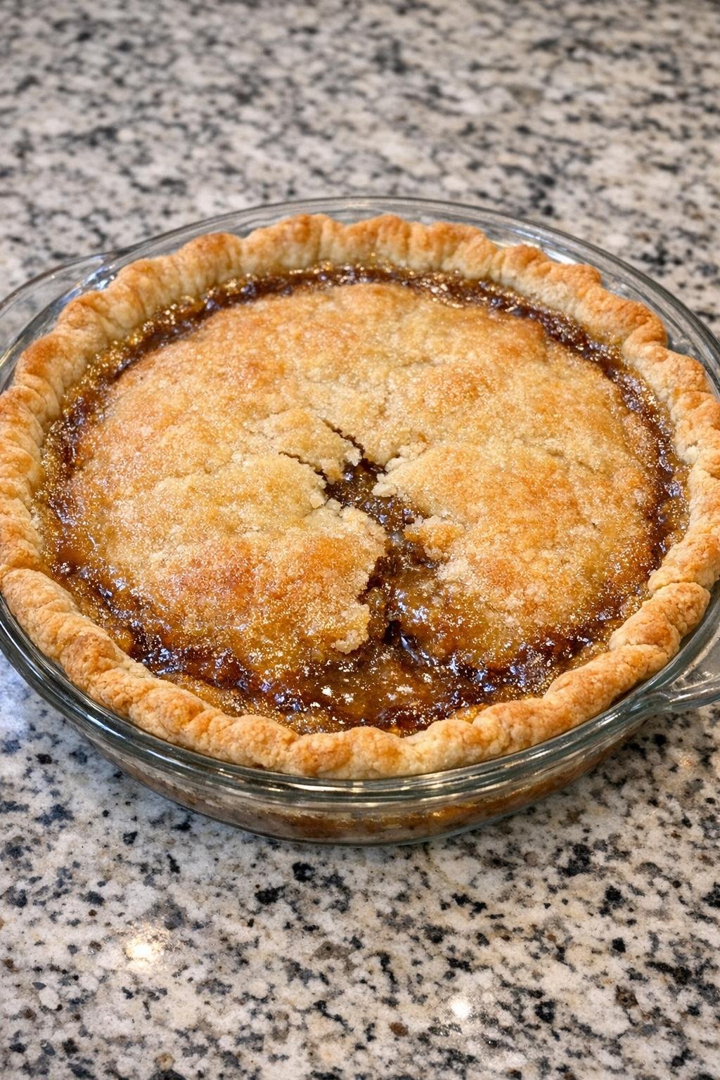 Finished sugar pie with golden top and gooey center
