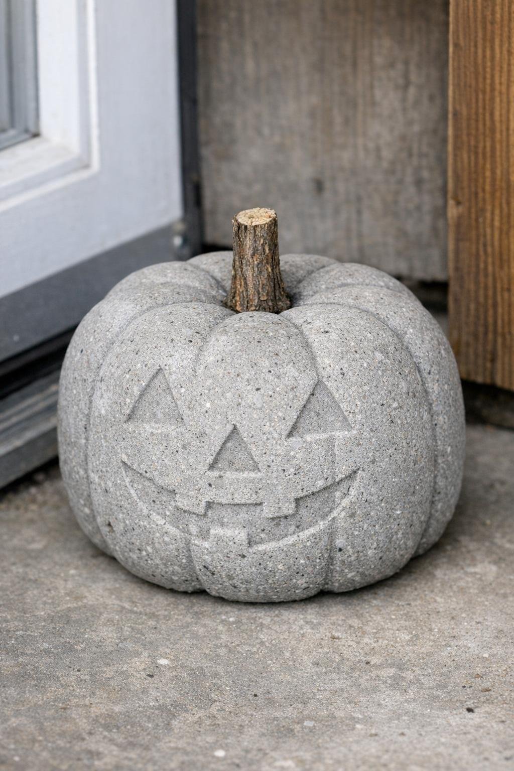 Finished concrete pumpkin doorstop with a real branch stem