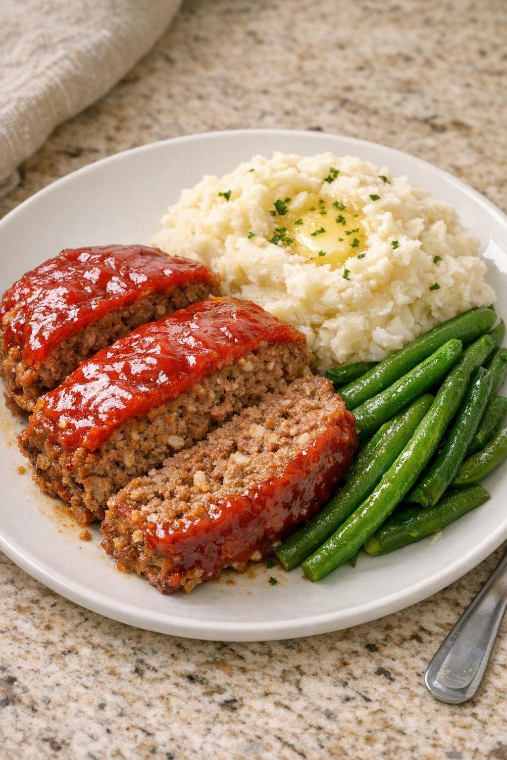 Finished slow cooker meatloaf sliced and plated