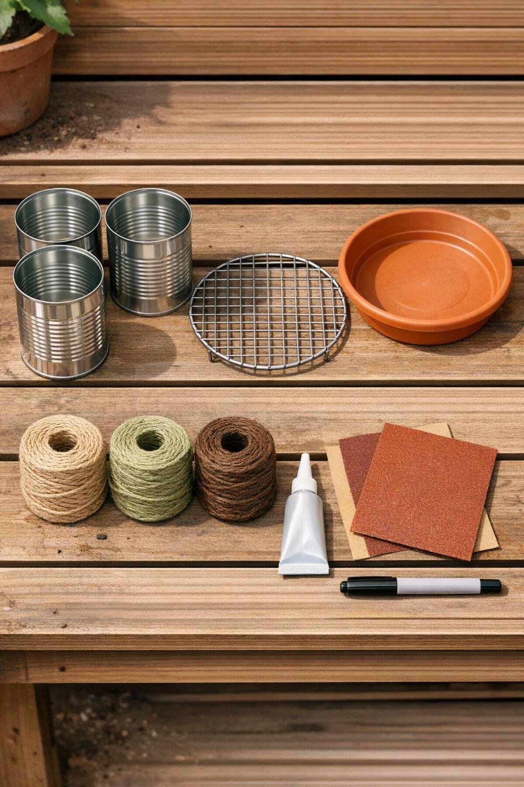 Materials for an aluminum can garden twine dispenser laid out on a potting bench