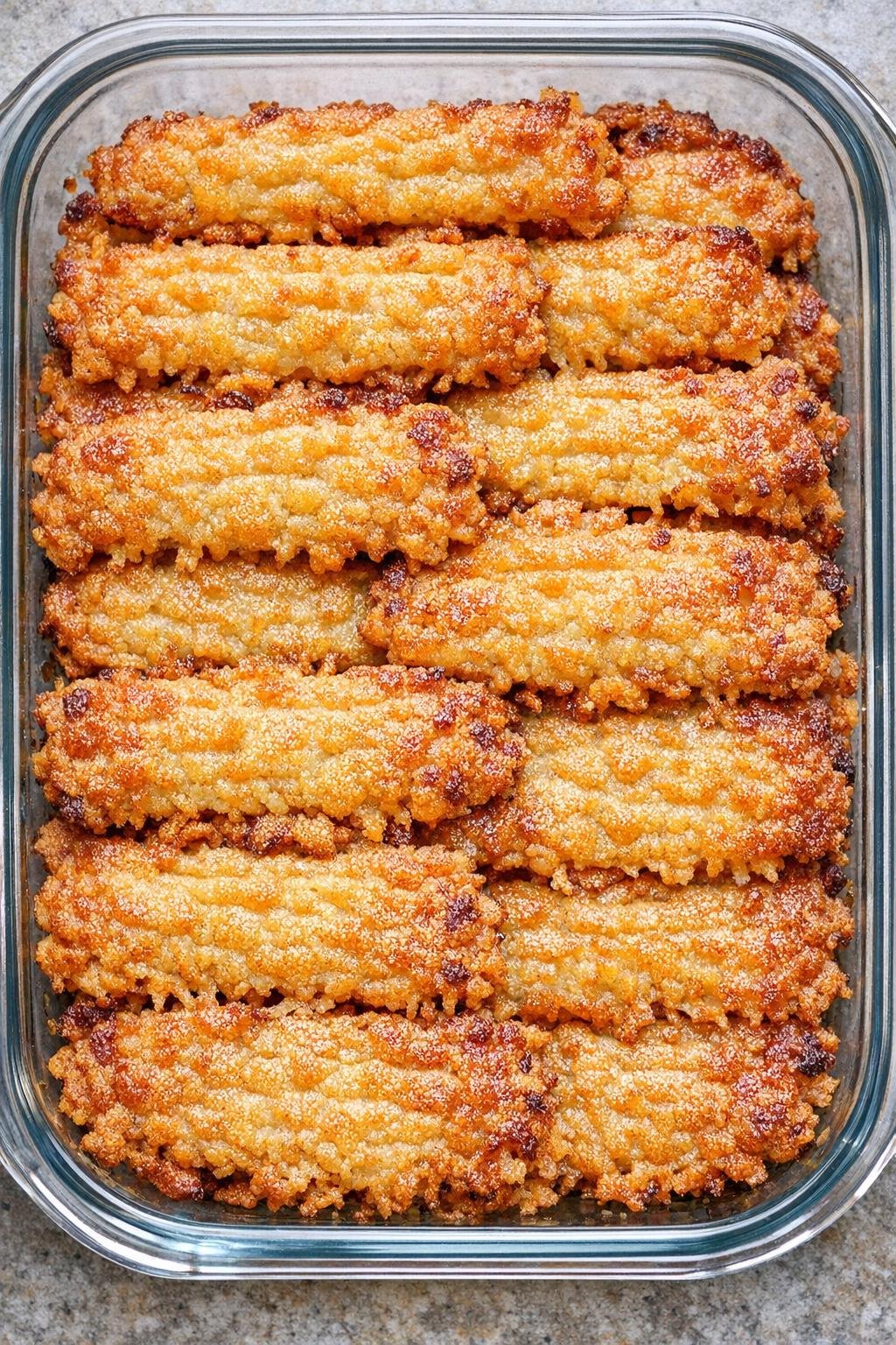 Southern 3-ingredient crispy cheddar straws in a glass casserole dish