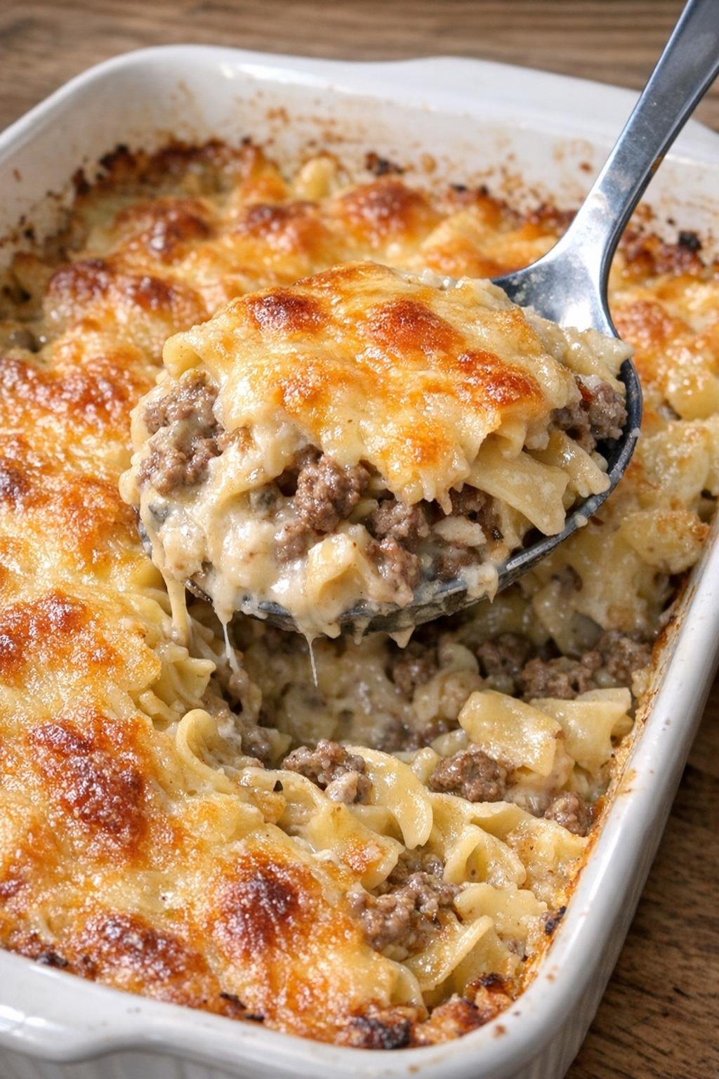Savory ground beef casserole with melted cheese and golden crust