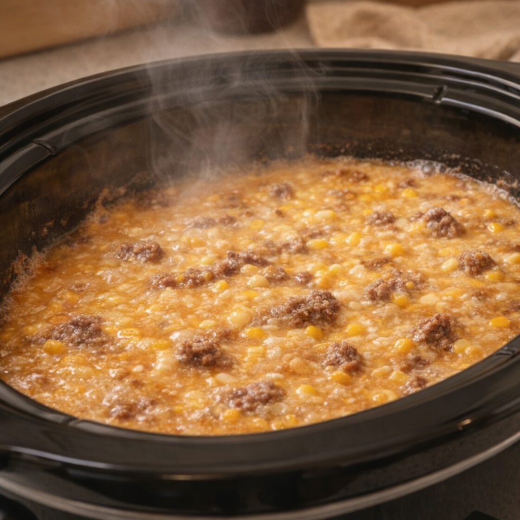 Finished corn and beef casserole bubbling in the slow cooker