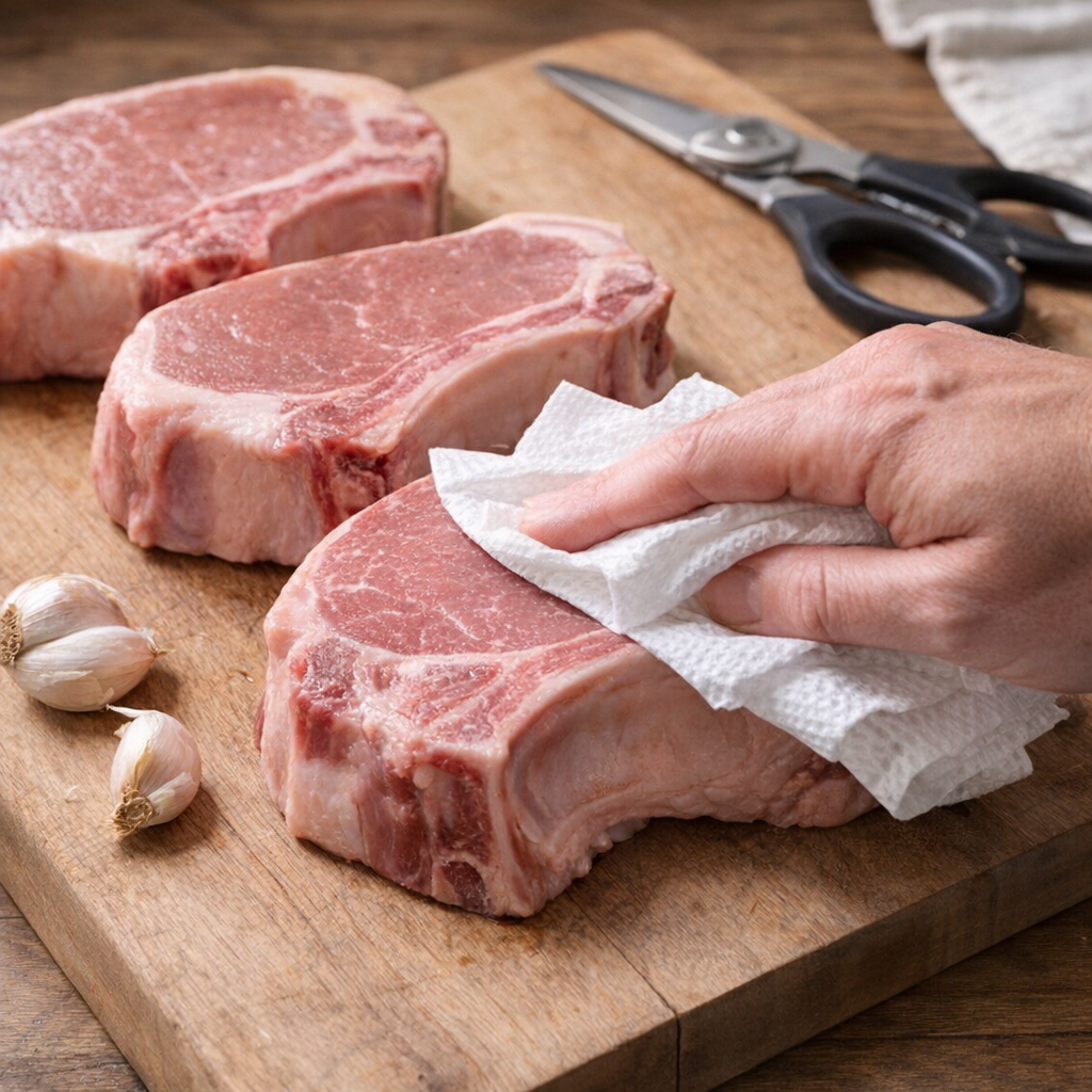 Raw pork chops on a cutting board with paper towels and garlic nearby