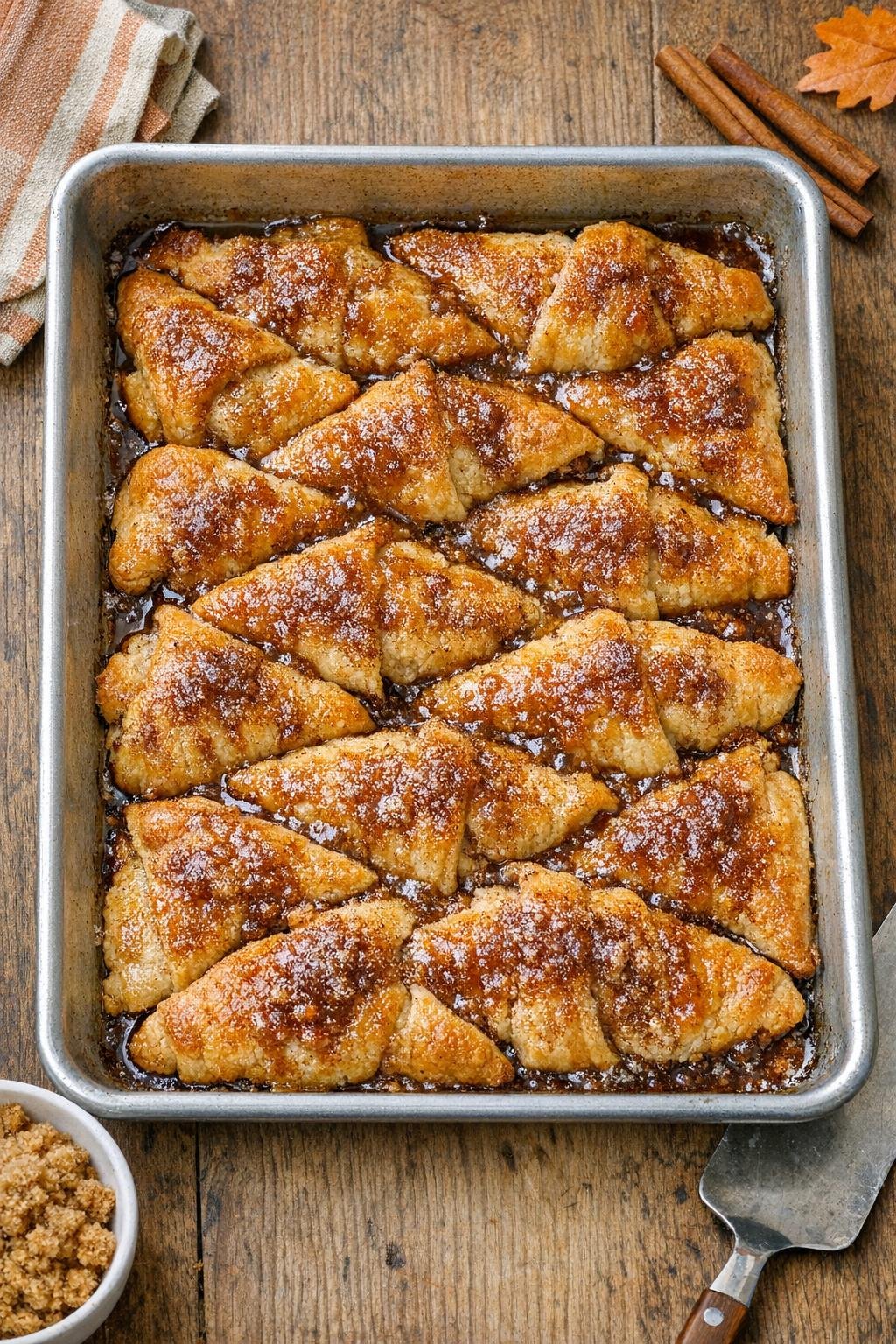Finished baked crescent dough dessert in a sheet pan