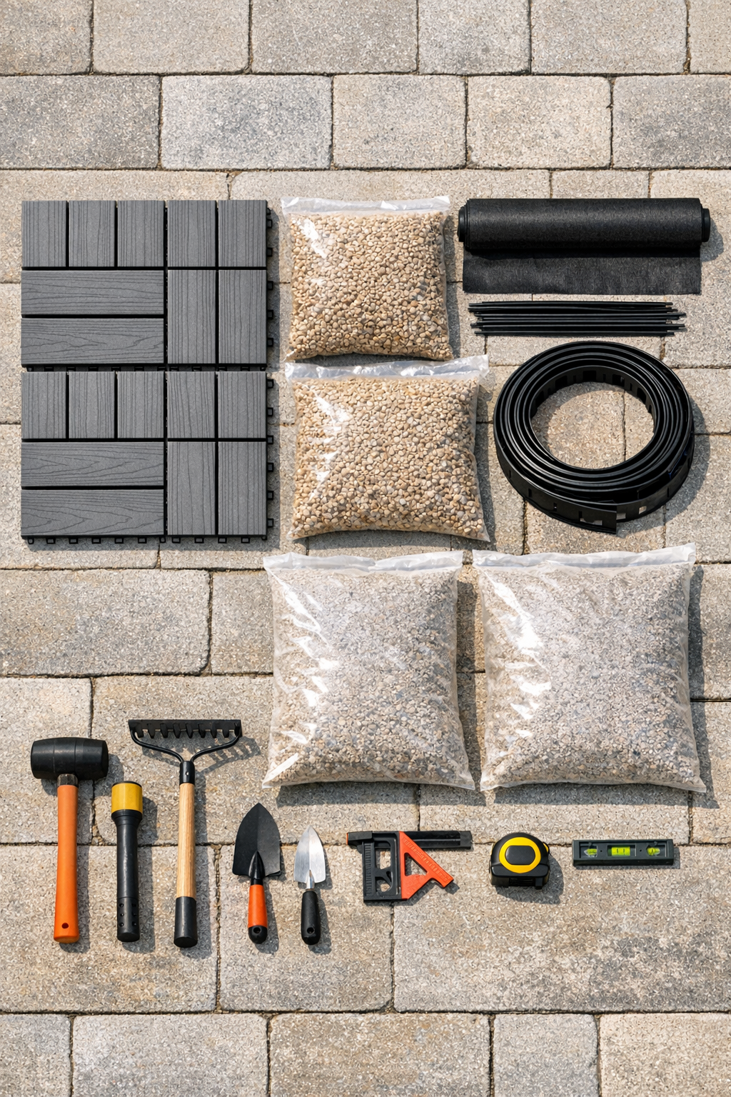 Composite deck tiles, pea gravel, edging, landscape fabric, and tools laid out together