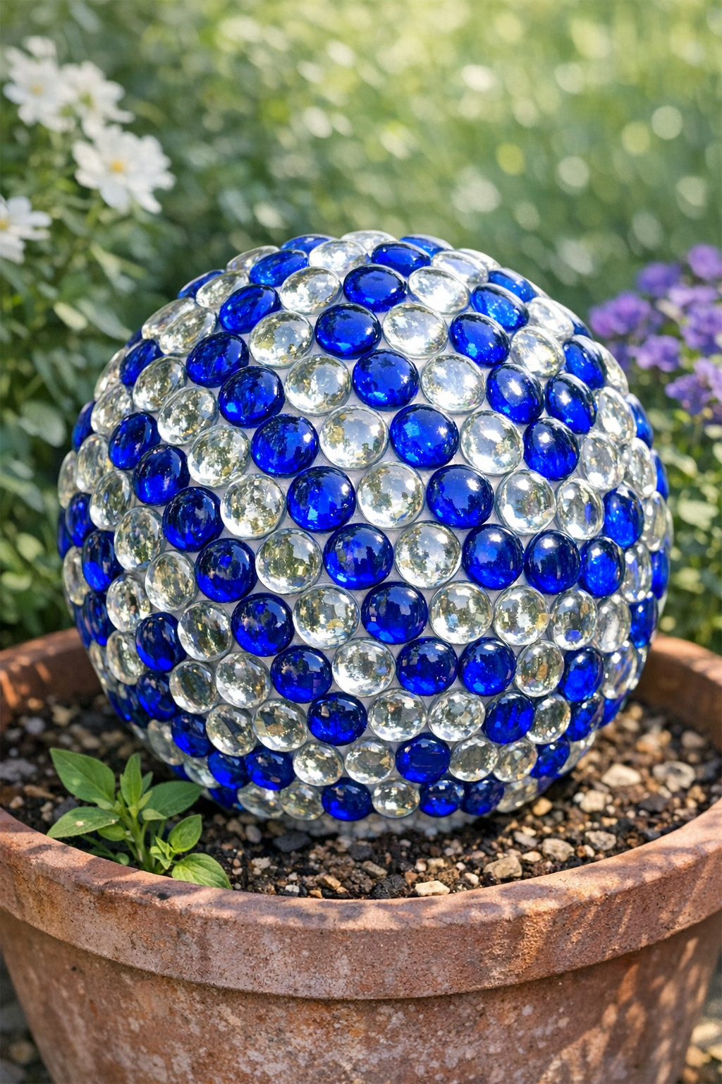 Finished sparkling backyard gazing ball made with flat glass marbles