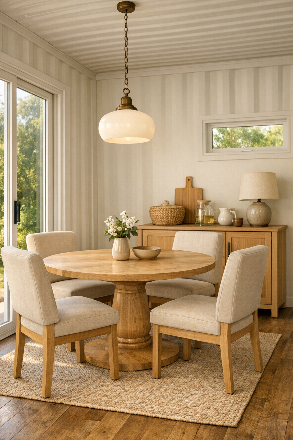 Light-filled dining room with round wood table and upholstered beige chairs