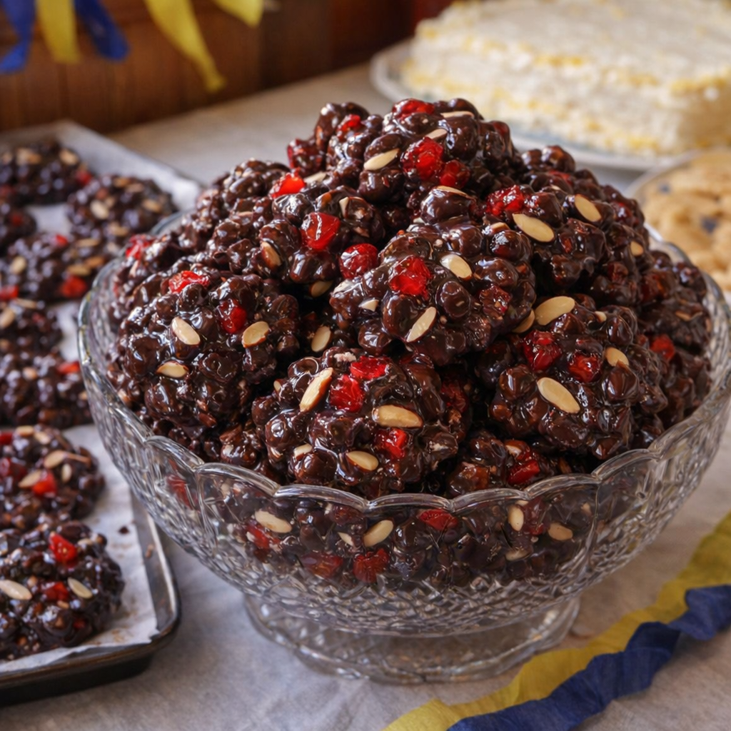 Bowl of chocolate cherry clusters on a graduation dessert table