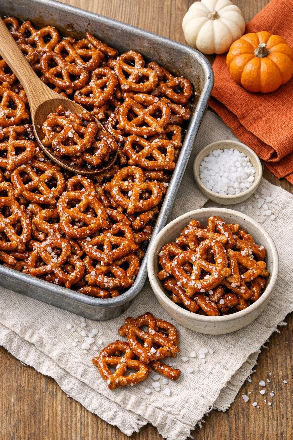 Finished baked pretzel dessert in a roasting pan