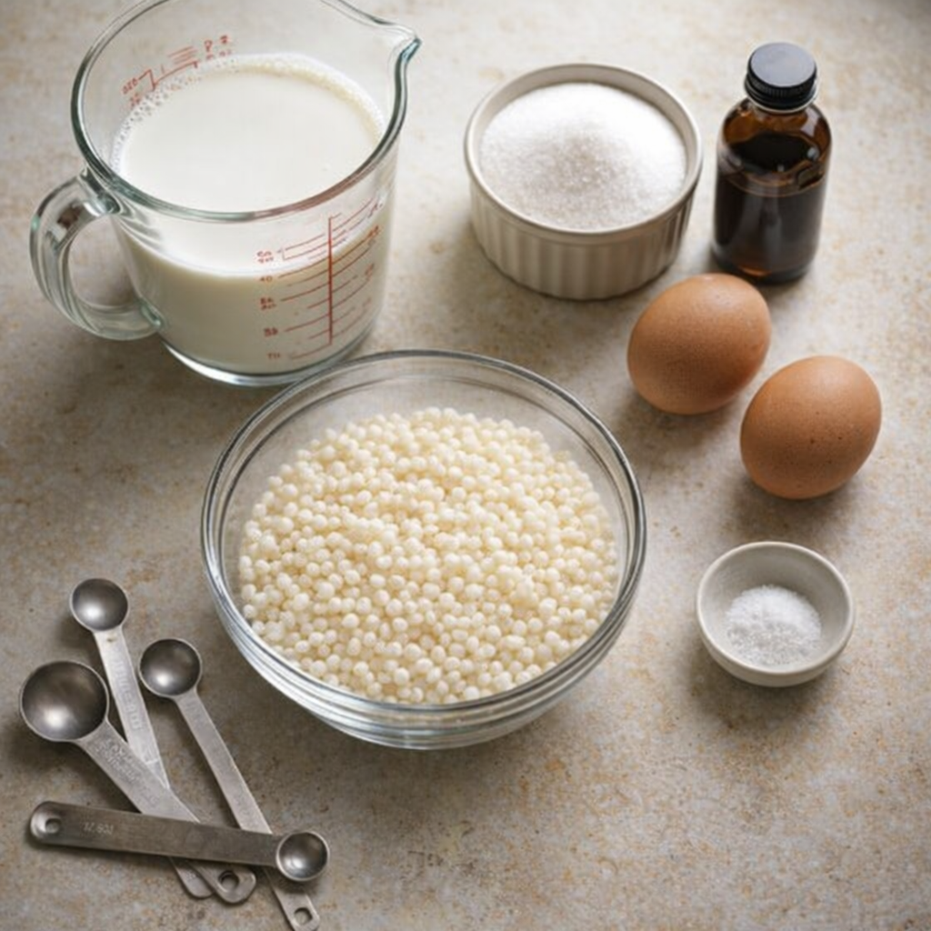 Measured tapioca pudding ingredients on a kitchen counter