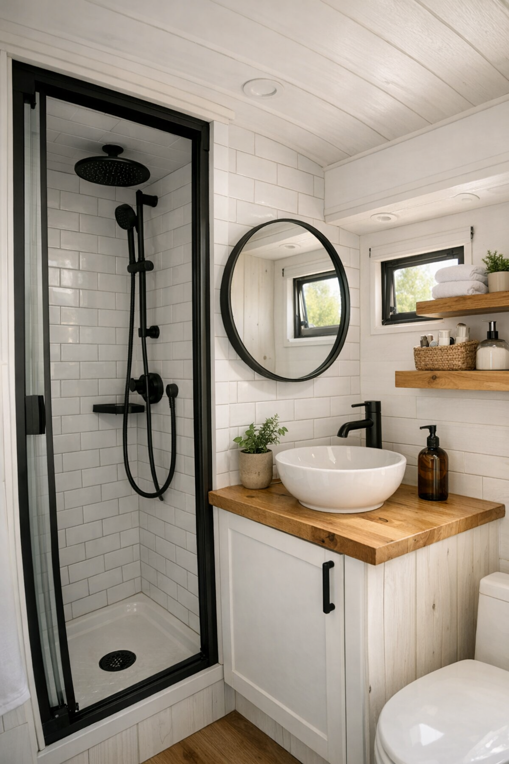 Compact rustic bus bathroom with small shower, simple vanity, and matte black fixtures