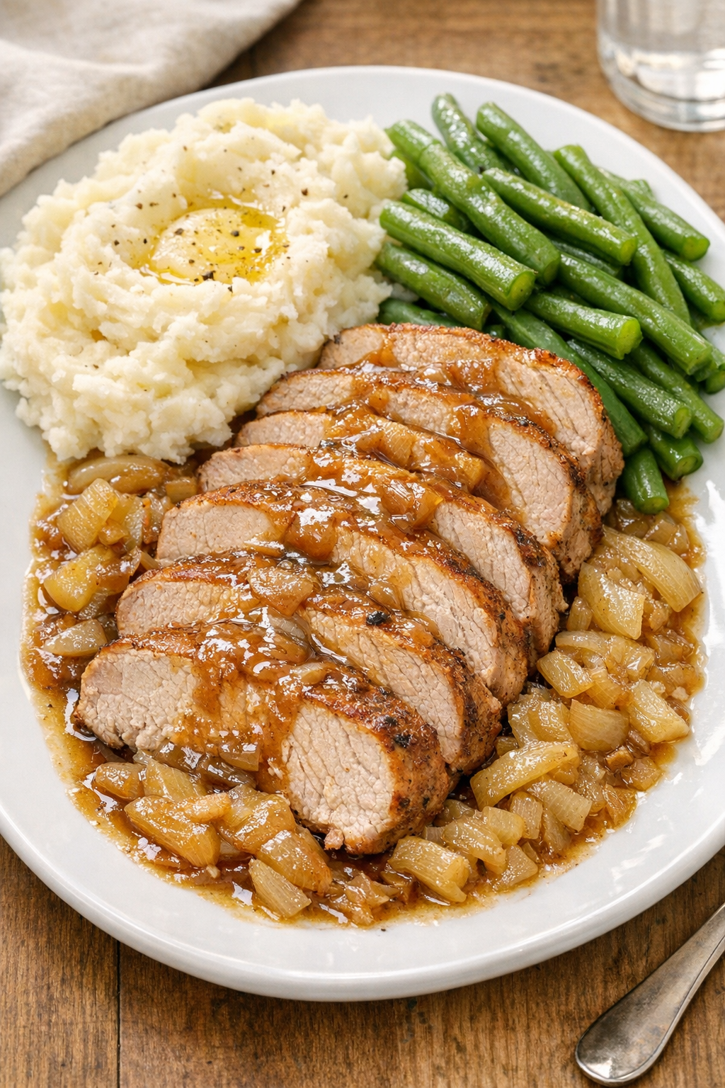 Finished sliced pork loin on a platter