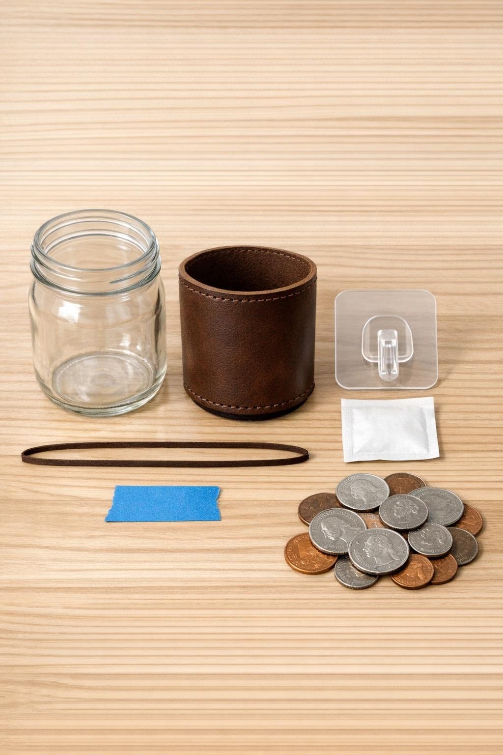 Materials for a wall-mounted laundry room change jar laid out neatly