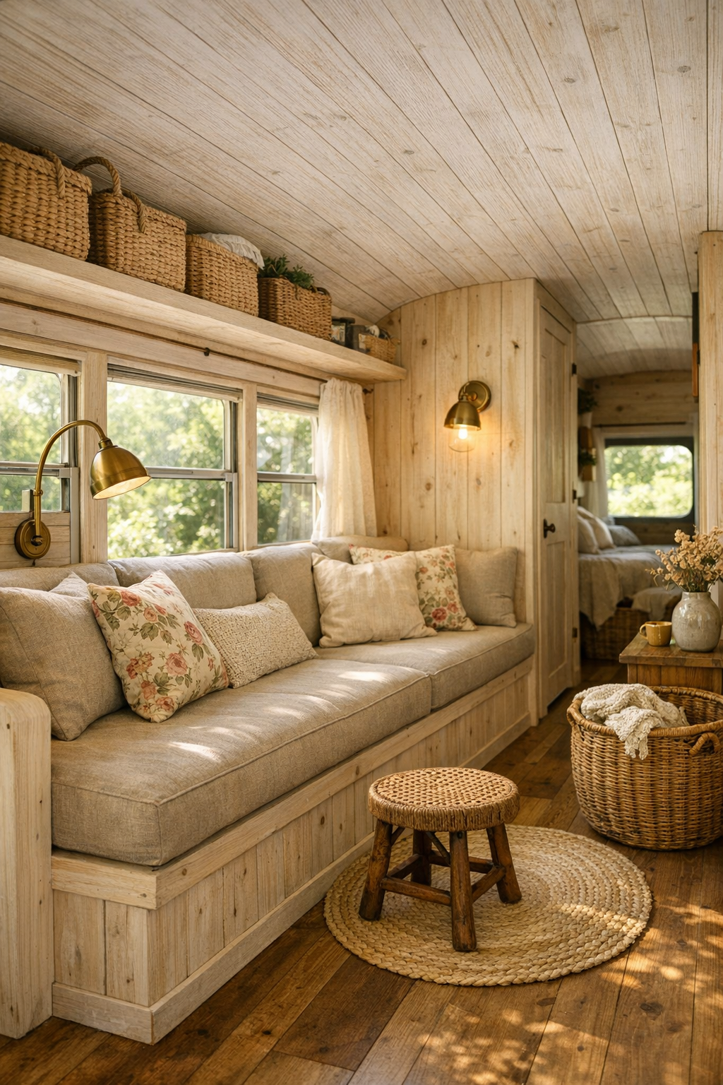 Cozy bus living room with built-in bench seating, pale pine walls, and sage and cream accents