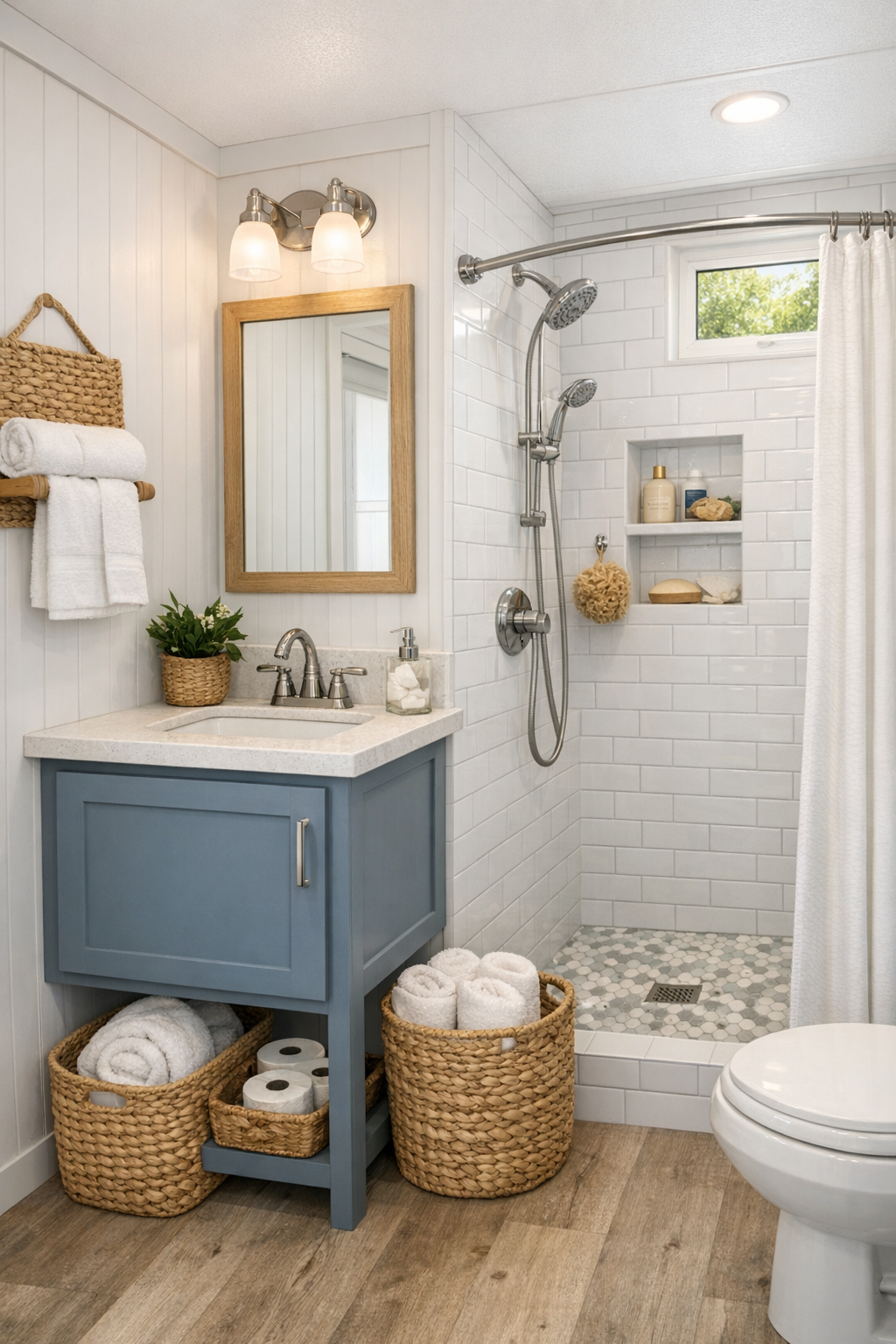 Bright compact bathroom with white tile, a coastal vanity, and polished fixtures