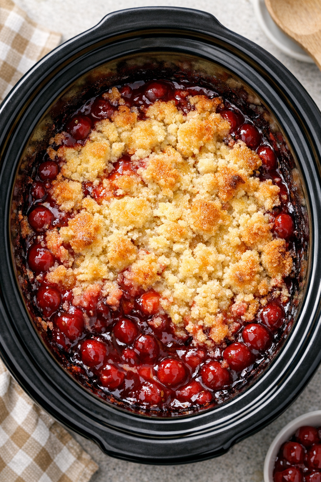 Finished cherry dump cake in a slow cooker