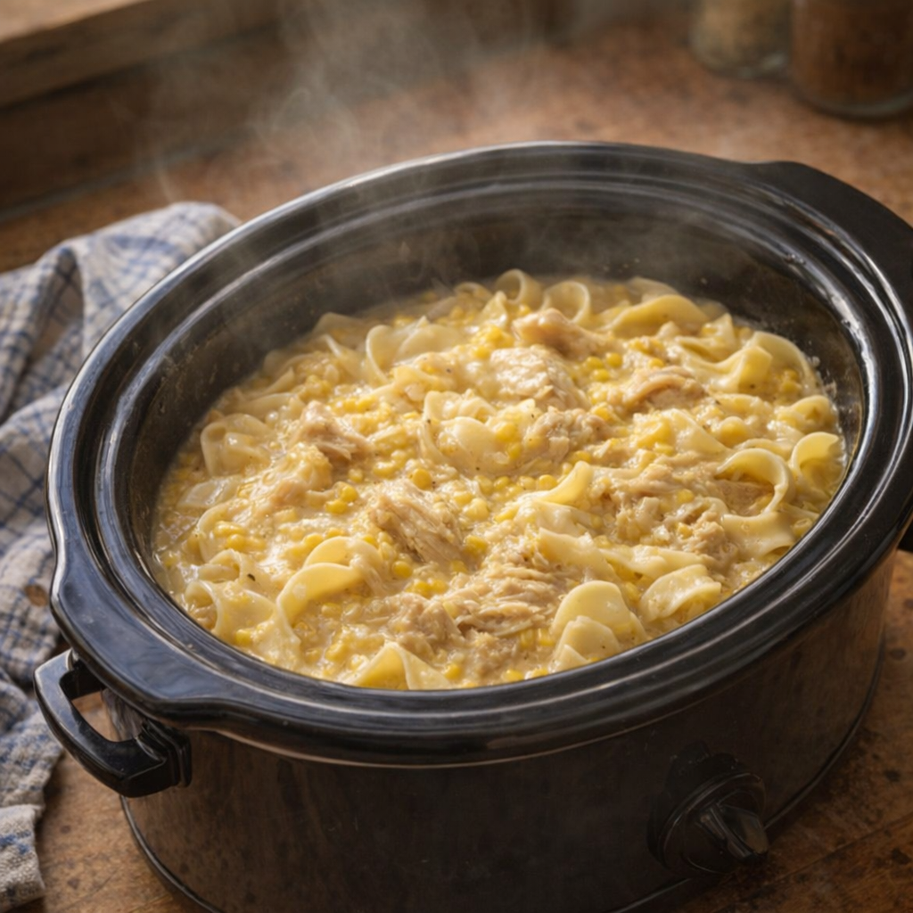 Slow cooker chicken corn noodle supper in a farmhouse kitchen