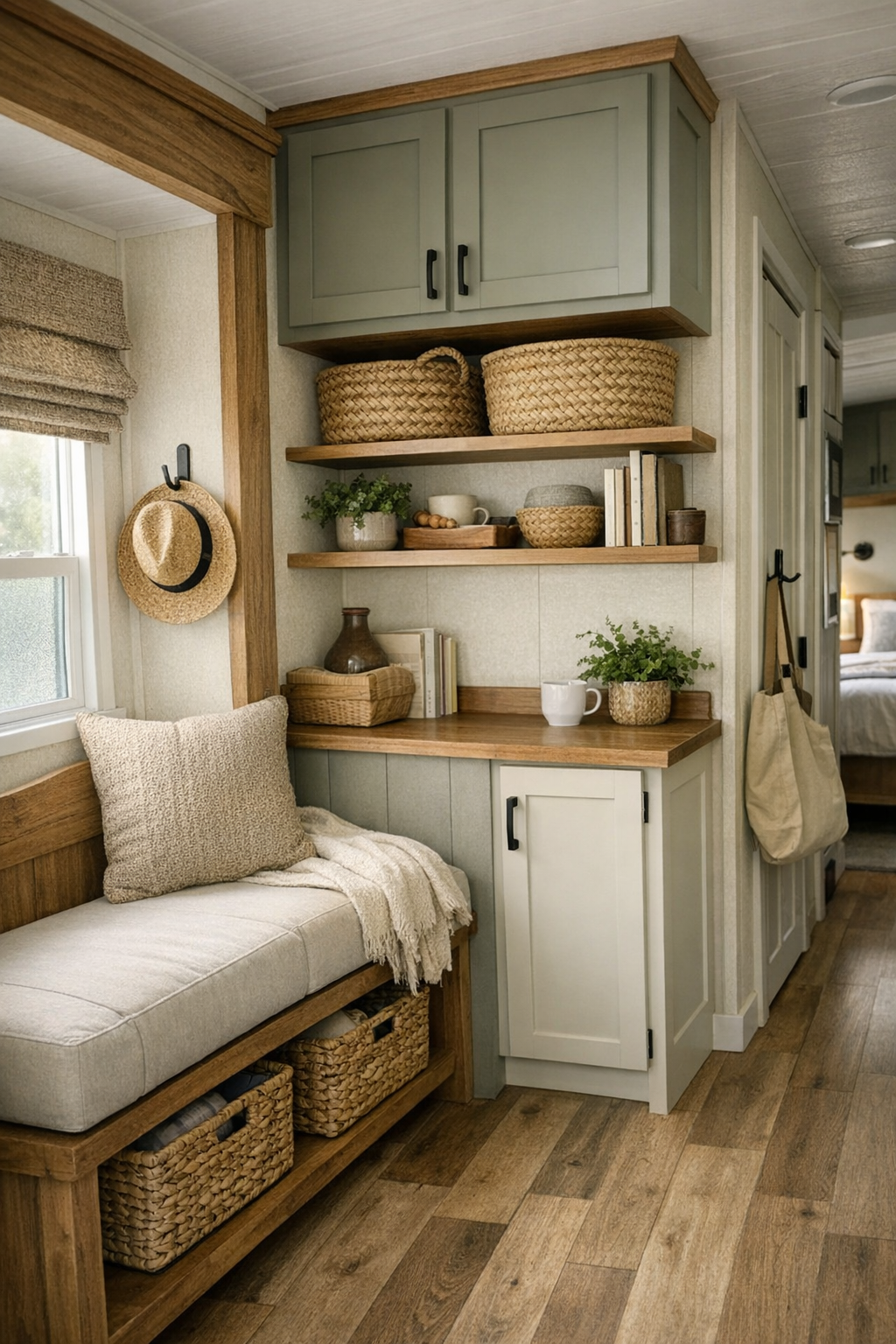 Thoughtful small multipurpose area with built-in storage, bench seating, and warm Craftsman finishes