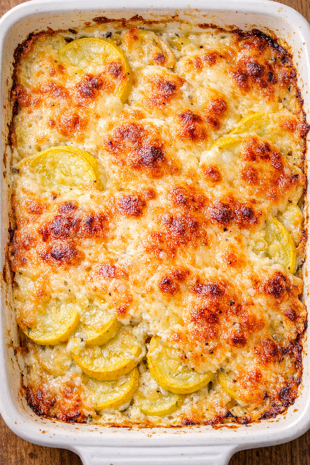 Bubbly summer squash casserole with melted cheese