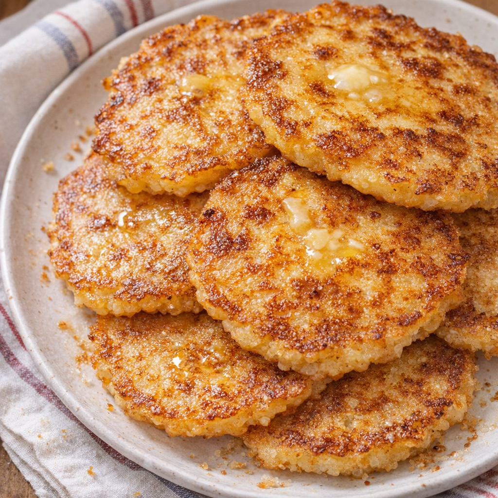 Freshly fried hoecakes resting on a towel-lined plate