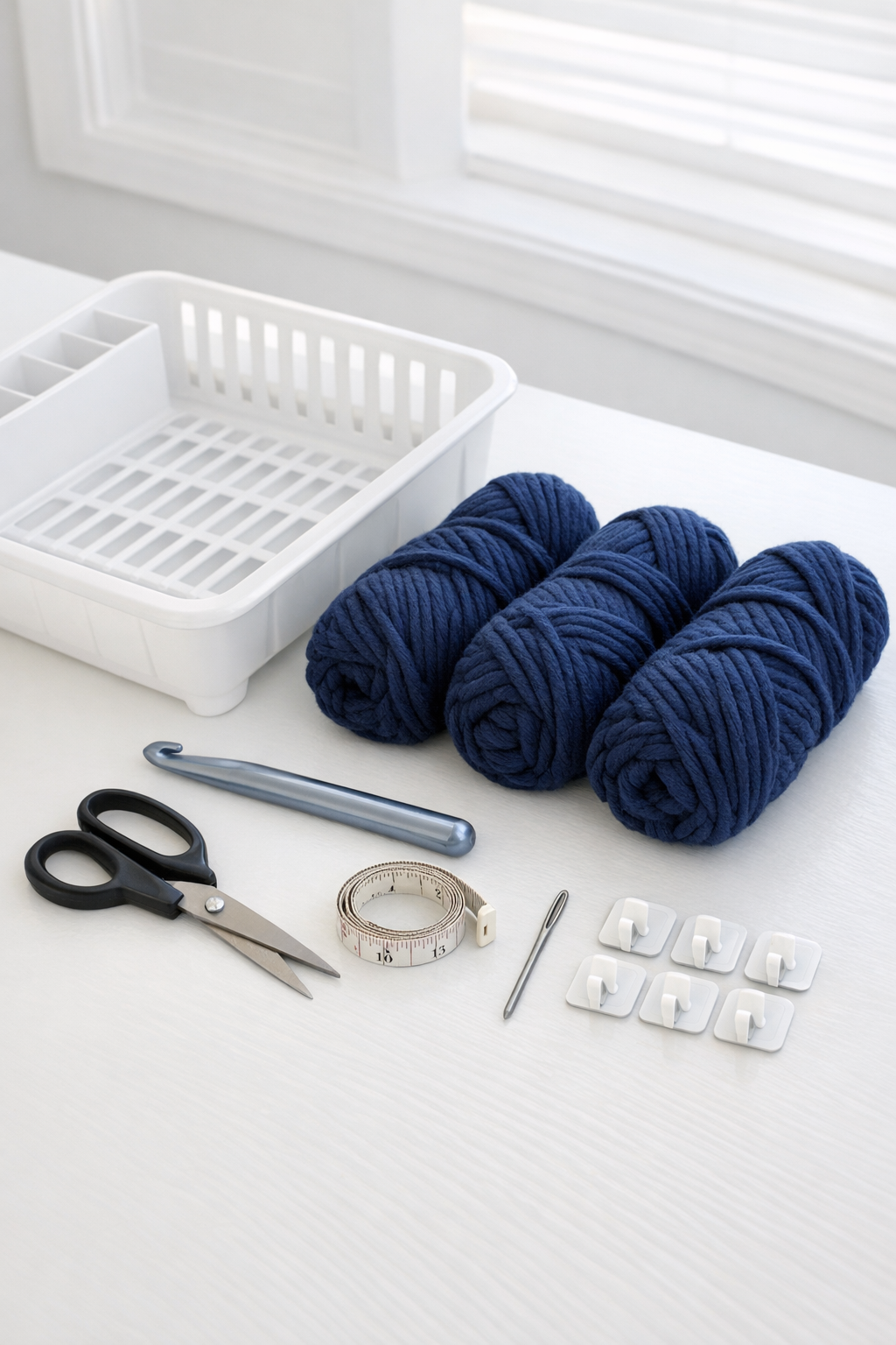 Materials for a crocheted homework station organizer laid out neatly