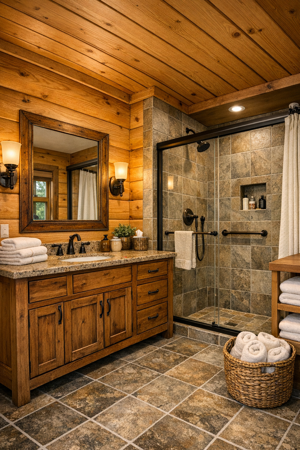 Warm rustic bathroom with wood vanity, stone tile, and soft bronze fixtures