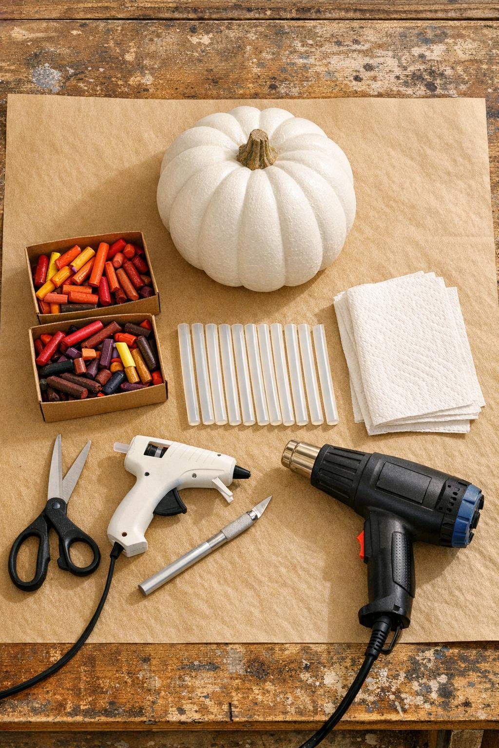 Materials for melted crayon pumpkin art laid out on a worktable