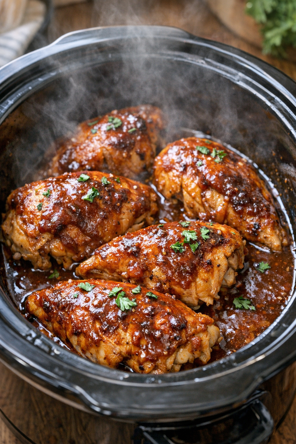 Cooked chicken in slow cooker with savory sauce
