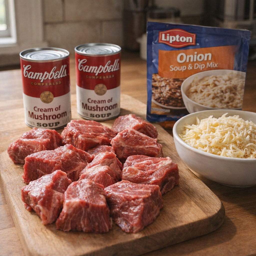 Beef roast and pantry ingredients on a kitchen counter