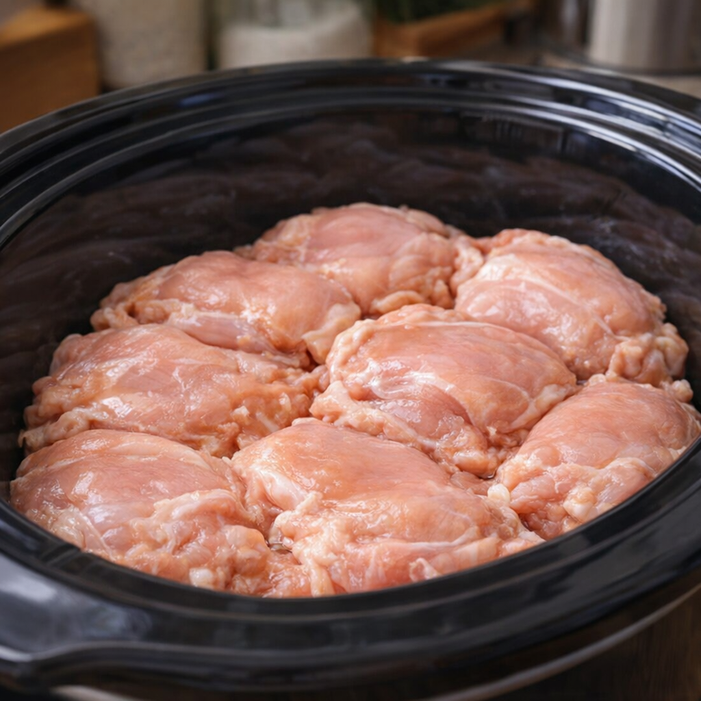 Chicken thighs arranged in a slow cooker