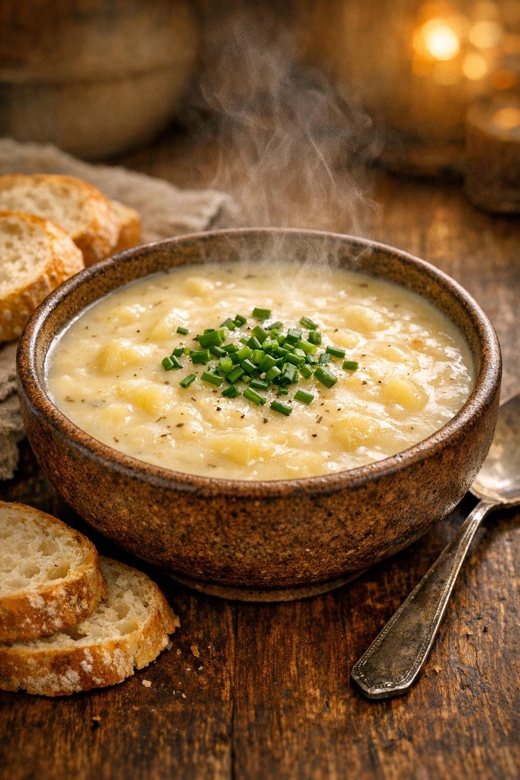 Plated creamy potato soup with bread on the side