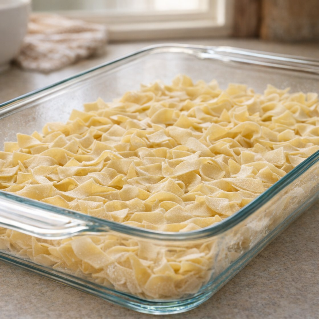 Dry egg noodles spread in a glass baking dish