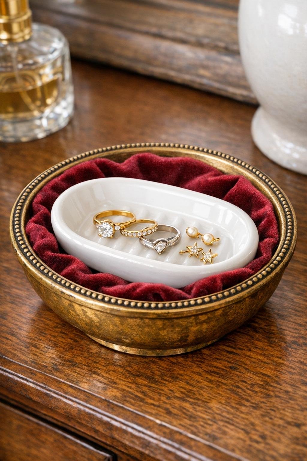 Finished jewelry dish with white ceramic soap dish in antique brass bowl lined with burgundy velvet