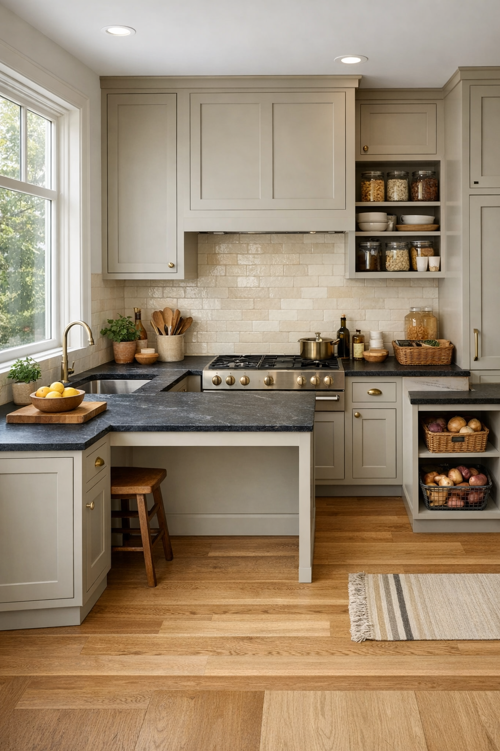 Accessible Shaker kitchen with putty cabinetry, soapstone counters, and open prep space