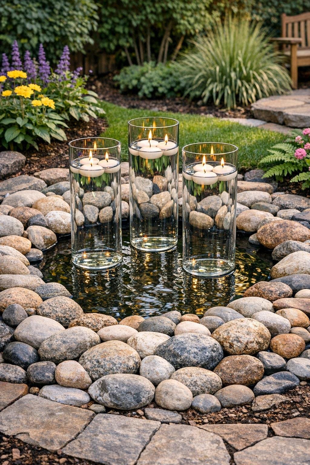 Finished floating candle pond with glass cylinders and river rocks